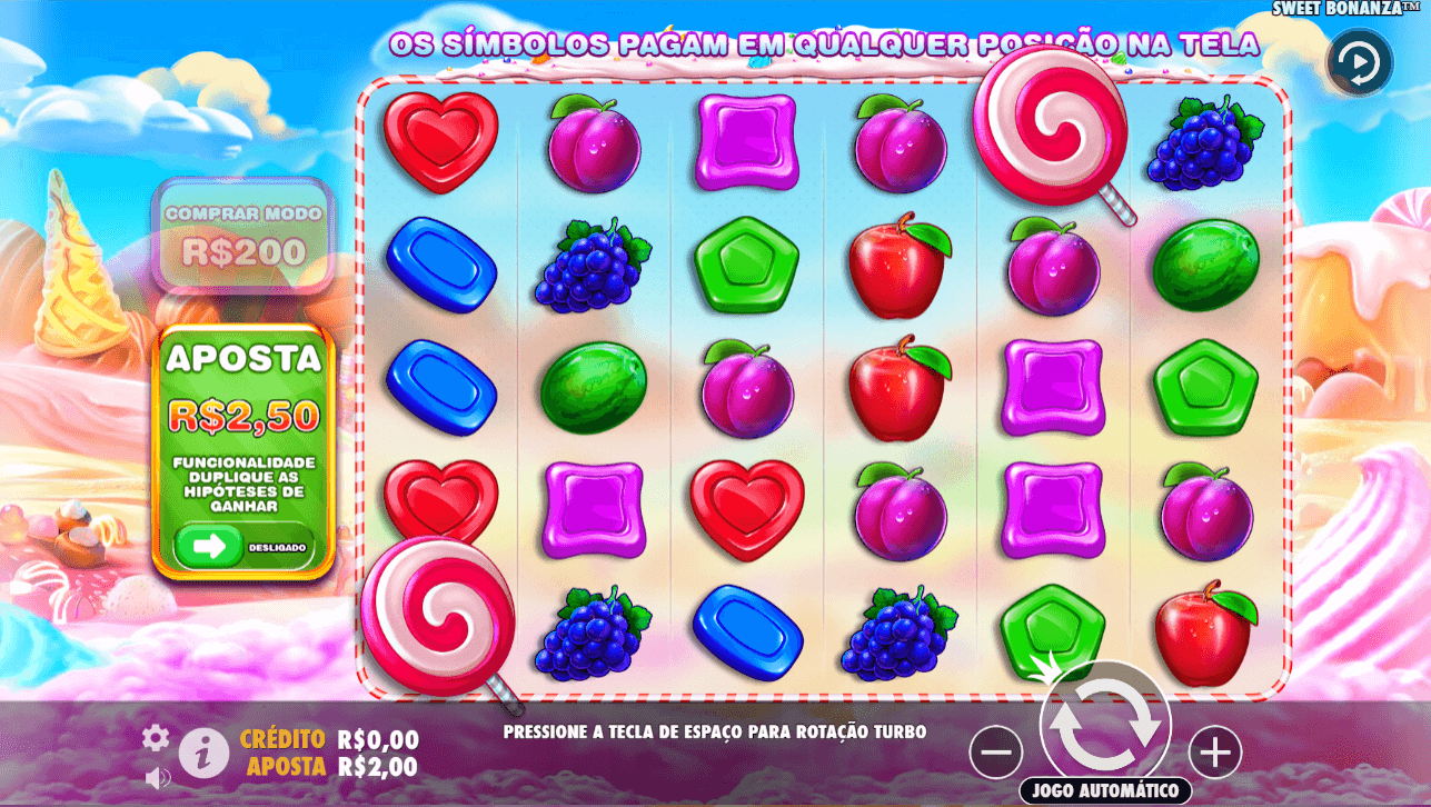 Slot Sweet Bonanza com frutas, doces e sistema de pagamento baseado em agrupamentos.