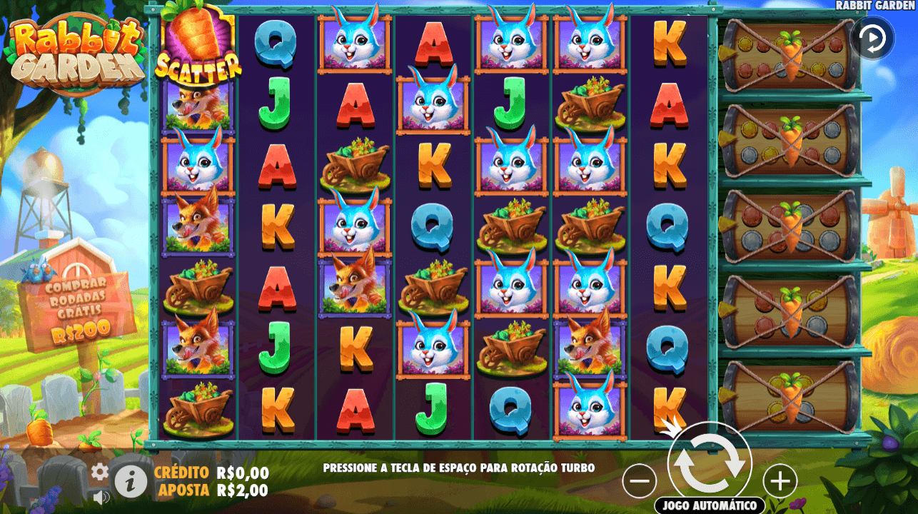 Slot Rabbit Garden com coelhos e cenouras em um design colorido e mecânica de Cluster Pays.