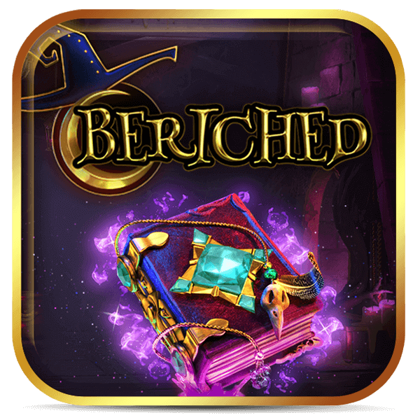 Logo do slot Beriched com livro mágico brilhante, joias e chapéu de bruxa em fundo sombrio.