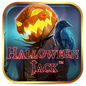 Logo do slot Halloween Jack com figura de abóbora flamejante e corvo em ambiente assustador.