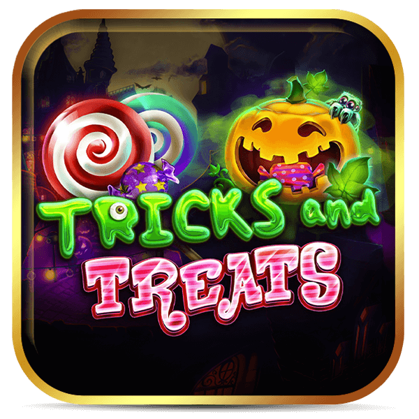 Logo do slot Tricks and Treats com abóbora sorridente, pirulitos e tema de Halloween.