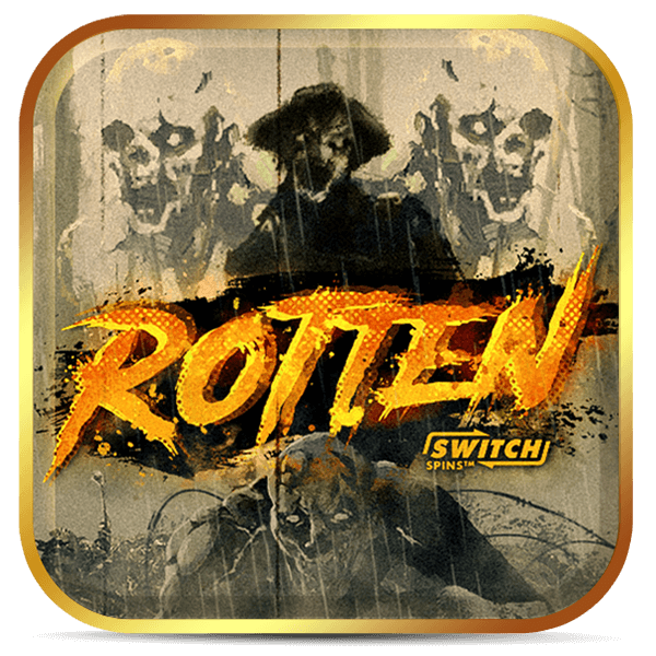Logo do slot Rotten com zumbis sombrios e fundo apocalíptico em estilo de terror.