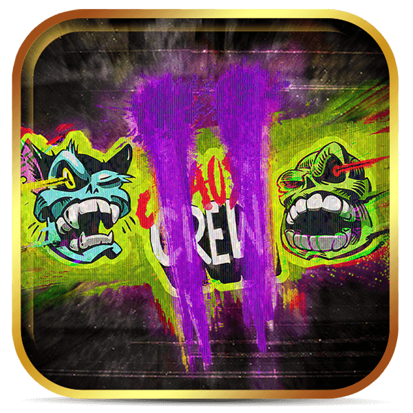 Logo do slot Chaos Crew 2 com grafite neon de gato e caveira, em estilo urbano sombrio.