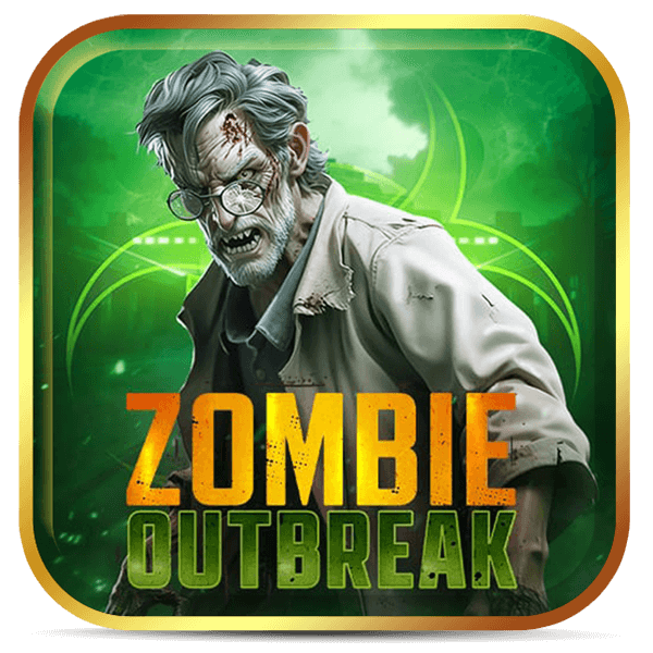 Logo do slot Zombie Outbreak, com cientista zumbi assustador em fundo verde radioativo.