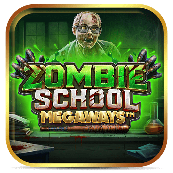 Logo do slot Zombie School Megaways com professor zumbi, laboratório verde e cenário de terror.
