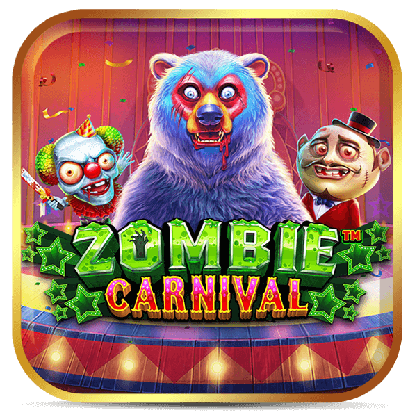 Logo do slot Zombie Carnival com urso zumbi, palhaço assustador e cenário de circo macabro.