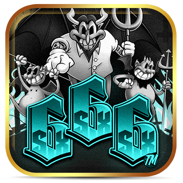 Logo do slot Six Six Six, com demônios em estilo retrô e tipografia gótica — jogos de halloween Lottoland.