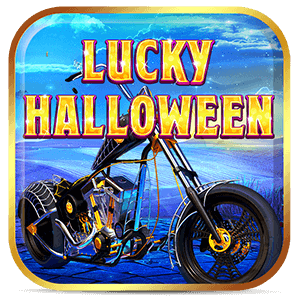 Logo do jogo Lucky Halloween com moto brilhante sob luar — destaque entre os jogos de halloween da Lottoland.