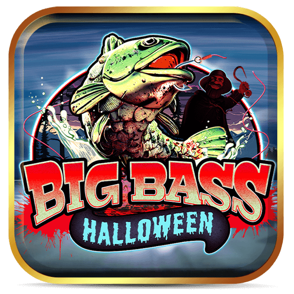 Logo do Big Bass Halloween com peixe assustador e pescador sombrio — caça prêmios nos jogos de halloween.