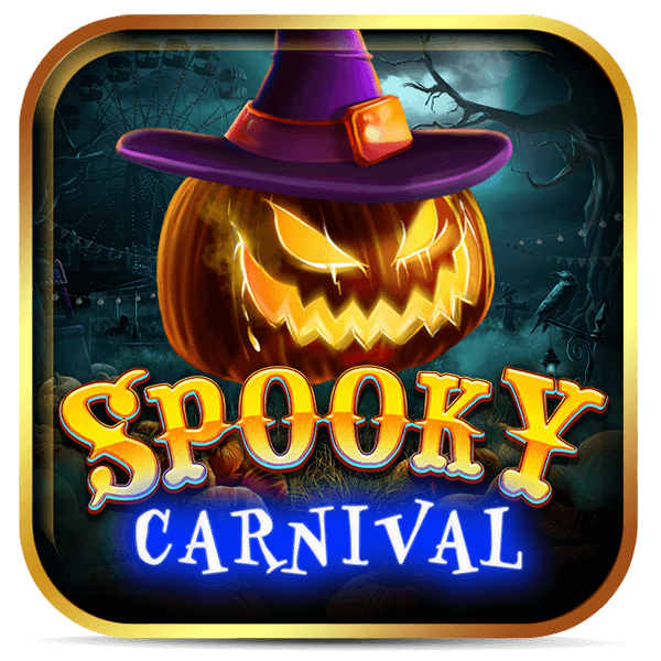 Logo do Spooky Carnival com abóbora mágica em parque assombrado — diversão garantida nos jogos de halloween.