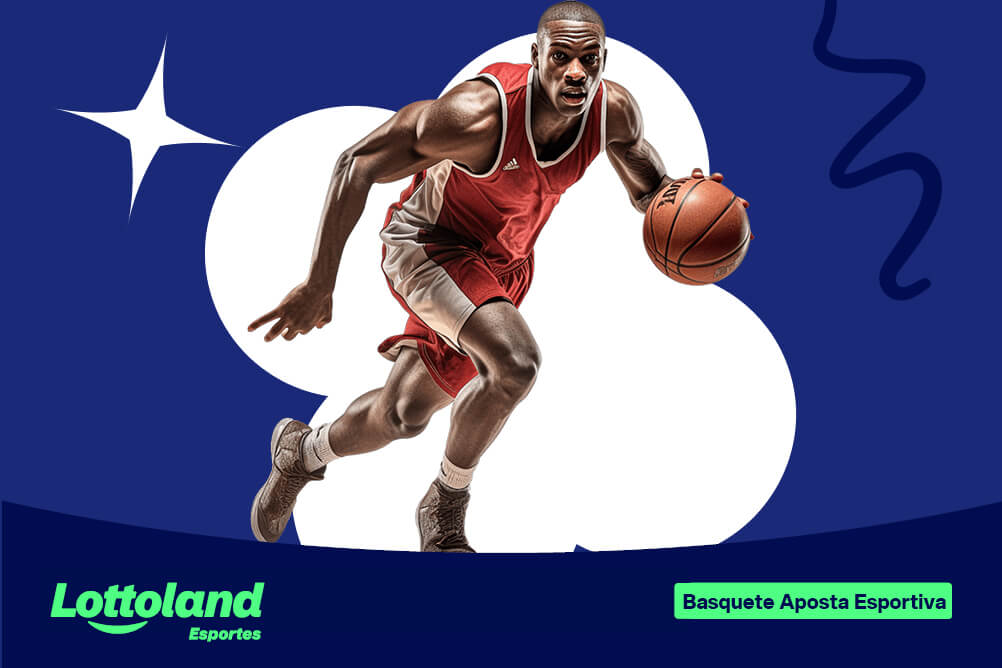 Jogador de basquete segurando bola. Destaque para apostas online de basquete na Lottoland Cassino.