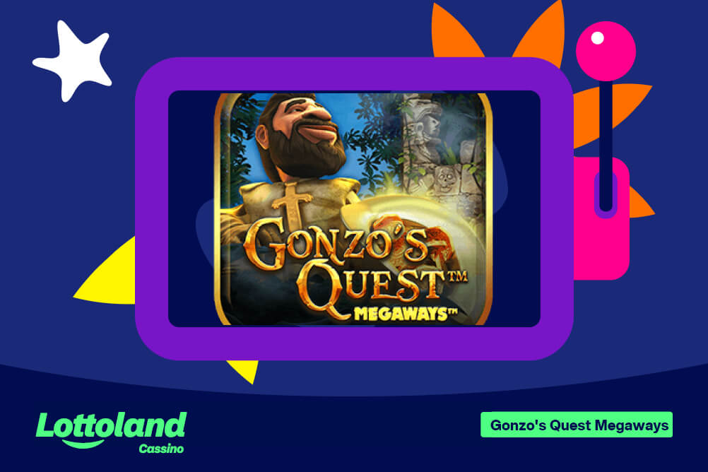 Personagem Gonzo com símbolos dourados em frente aos símbolos do slot Gonzo's Quest Megaways na Lottoland Cassino.