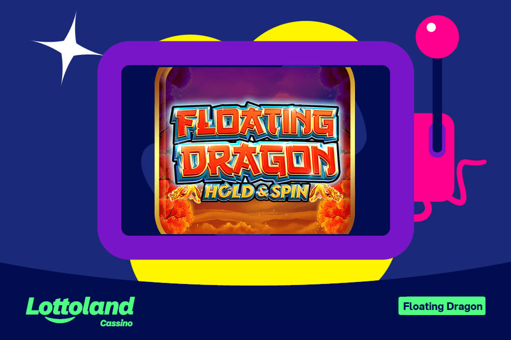 Uma ilustração digital mostrando a tela de título do jogo de slot Floating Dragon Hold & Spin em uma tela de TV roxa estilizada com um joystick rosa, contra um fundo azul escuro. O logotipo do Lottoland Casino está no canto inferior esquerdo.