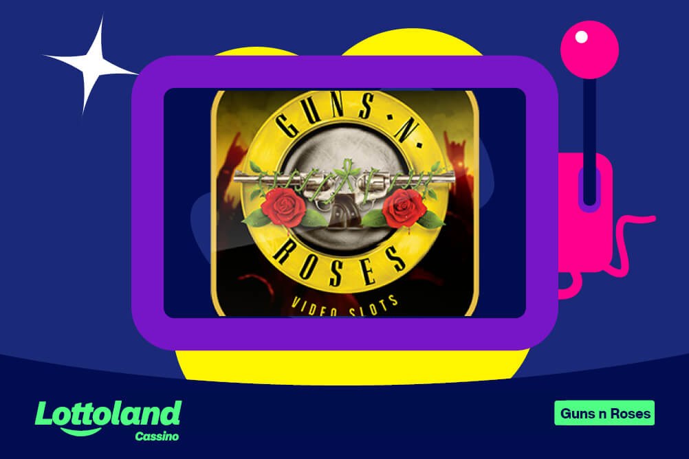 Ilustração digital da tela do jogo Guns N' Roses Slot em uma TV roxa estilizada, com joystick rosa e fundo azul escuro.