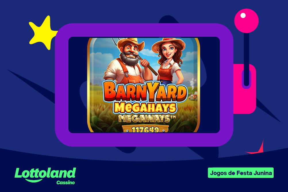 Ilustração digital da tela de título do slot Barnyard Megahays Megaways, com fazendeiros, em uma TV roxa estilizada, fundo azul. Este caça níquel faz parte dos jogos de festa junina.