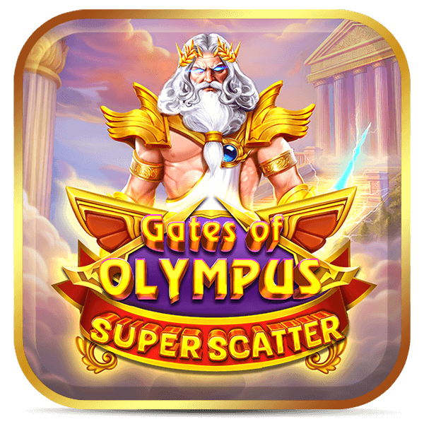 Zeus vestindo ombreiras douradas e templos ao fundo, logo do slot Gates of Olympus Super Scatter.