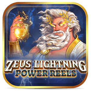 Zeus com raio formando na mão direita e nos olhos. Logo do slot Zeus Lightning Power Reels da Lottoland Cassino.