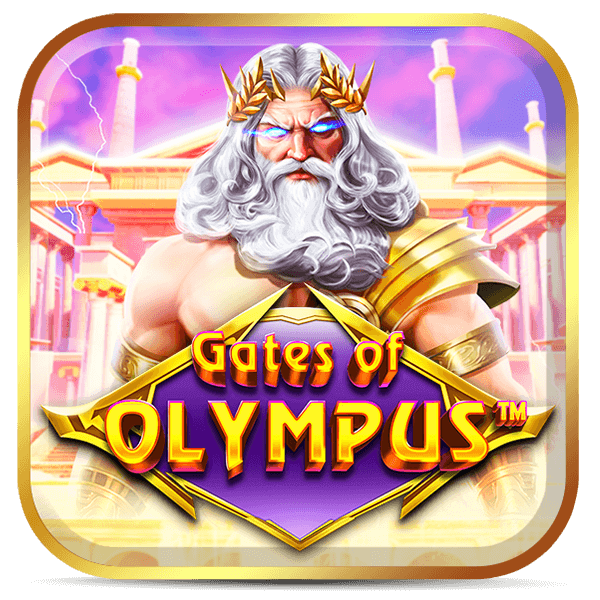 Zeus com uma ombreira dourada diante de templos gregos. Logo do slot Gates of Olympus da Lottoland Cassino com dados dourados brilhantes.