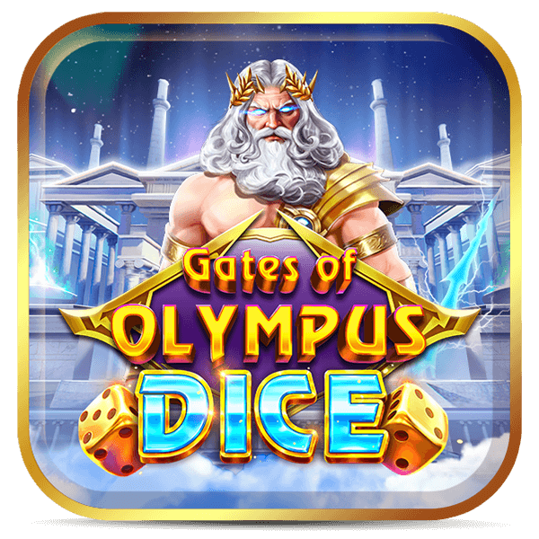 Zeus com raios nas mãos diante de templos gregos. Logo do slot Gates of Olympus Dice da Lottoland Cassino com dados dourados brilhantes.