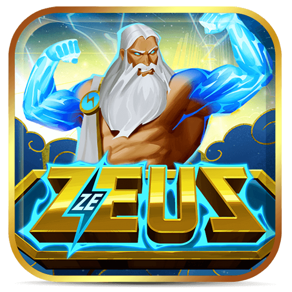 Zeus flexionando os braços cheios de poder de raio. Logo do slot Ze Zeus da Lottoland Cassino com design dourado e azul vibrante.