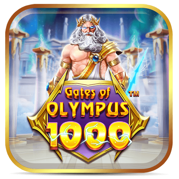 Zeus em pé com trovões e templos ao fundo. Logo do slot Gates of Olympus 1000 da Lottoland Cassino com design dourado e roxo vibrante.