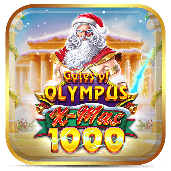 Zeus vestido de Papai Noel com raios e templos nevados ao fundo. Logo natalino do slot Gates of Olympus X-Mas 1000 da Lottoland Cassino.