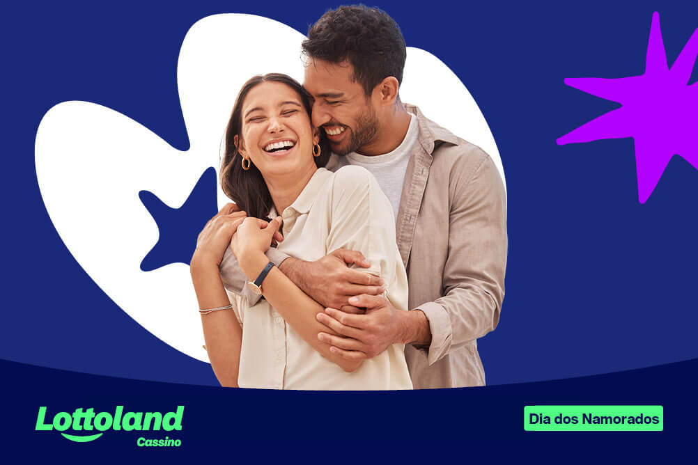 Casal abraçado, sorrindo sob fundo azul e branco. Lottoland Cassino apresenta mensagens e jogos para o Dia dos Namorados.
