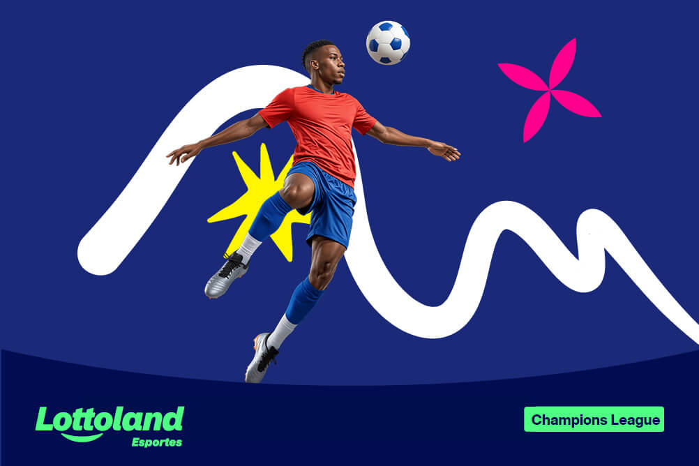 Jogador dominando bola no peito so fundo azul. Lottoland Cassino ensina como apostar na Champions League online.