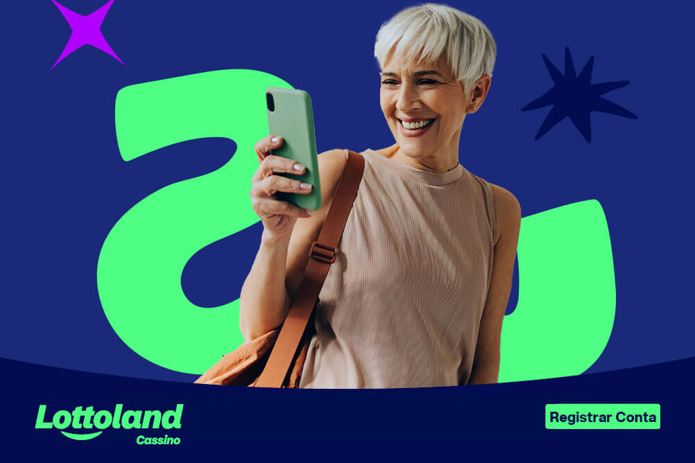 Senhora de cabelo curto, com celular na mão, sobre fundo azul e verde neon. Lottoland Cassino ensina como criar uma conta de jogador na sua plataforma.