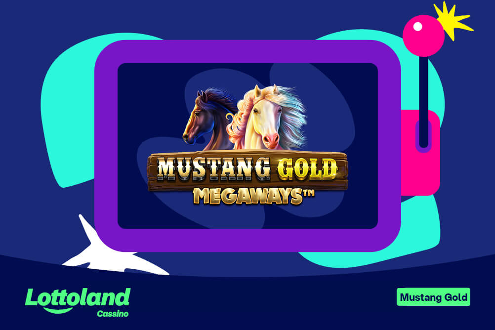 Slot com a imagem do Mustang Gold no centro sob fundo azul. Lottoland Cassino ensina como jogar Mustang Gold Pragmatic Play.