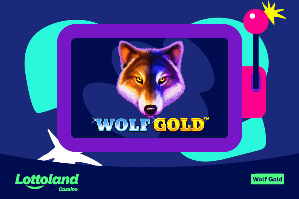Slot com o rosto de um lobo dentro e "Wolf Gold" em escrita temática sob fundo azul. Aprenda como jogar Wolf Gold com a Lottoland Cassino.
