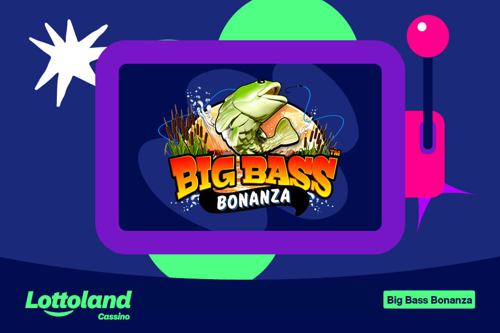 Slot com a logo do Big Bass Bonanza no centro, sob fundo azul e verde. Lottoland Cassino ensina como jogar Big Bass Bonanza e mais detalhes sobre o jogo.