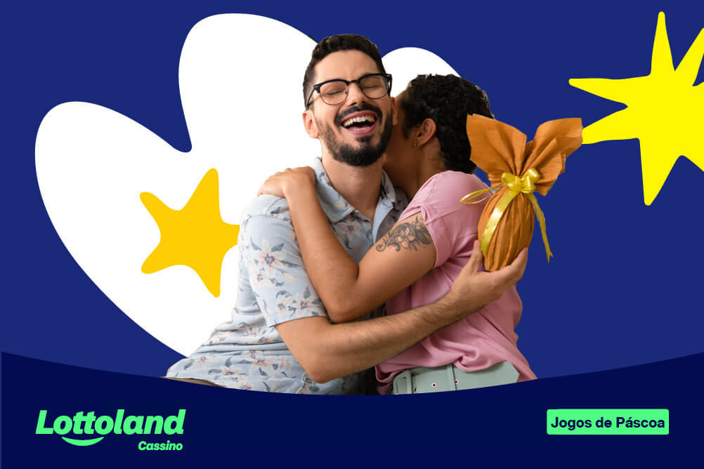 Amigos se abraçam e trocam ovos e Páscoa. Lottoland Cassino apresenta seus jogos de Páscoa com tema de coelho em detalhes.