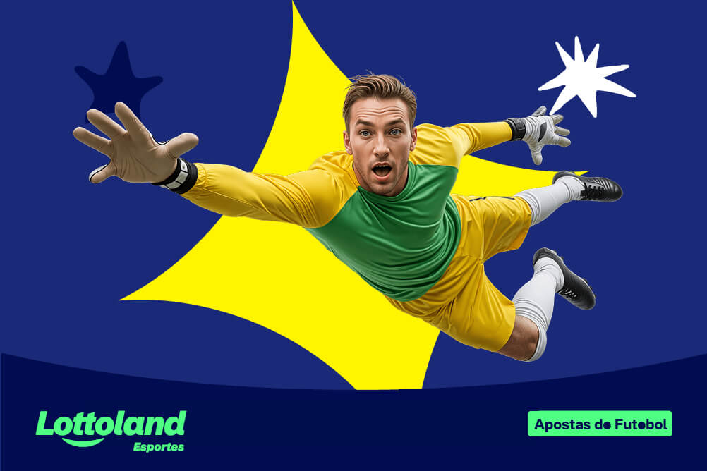 Goleiro se jogando para pegar a bola sob fundo amarelo e azul. Lottoland Cassino da dicas e detalhes sobre como apostas de futebol online.