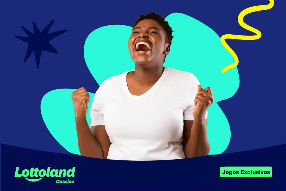 Mulher sorridente de punhos cerrados para cima sob fundo azul. Conheça jogos exclusivos da Lottoland Cassino, slots, raspaturbo, cassino ao vivo e mais.
