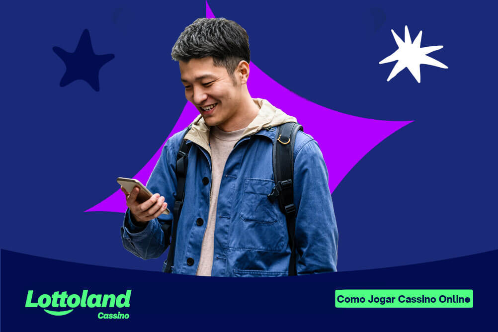 Homem vestindo camisa jeans olhando para o celular sob fundo azul e roxo. Lottoland Cassino mostra como apostar em cassino online.