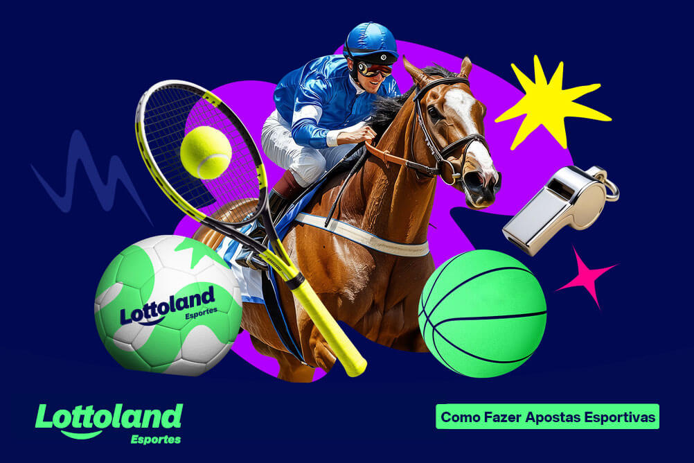 Jóquei montado em cavalo marrom cercado de bola de basquete, futebol, bola de tênis, raquete e apito. Como apostar online com a Lottoland Cassino.