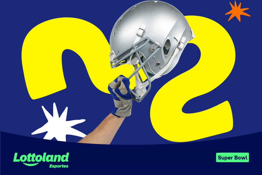 Mão segurando capacete de futebol americano sob fundo amarelo e azul. Lottoland Cassino conta tudo sobre Super Bowl e show do intervalo.