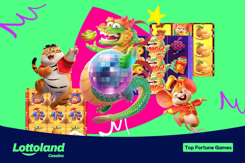 Rato, dragão e tigre da fortuna da PG Soft sob fundo rosa e verde. Lottoland Cassino apresenta os 5 melhores jogos da fortuna da PG Soft.