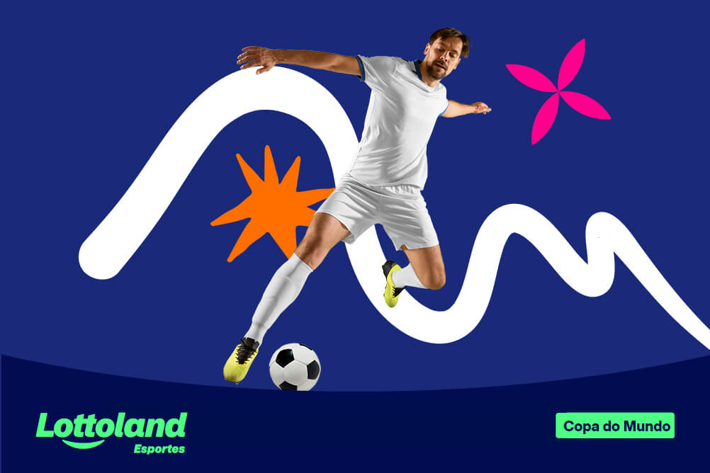 Jogador de futebol em posição de chutar a bola sobre fundo azul. Lottoland Cassino conta detalhes sobre a Copa do Mundo, datas, horários, grupos e mais.