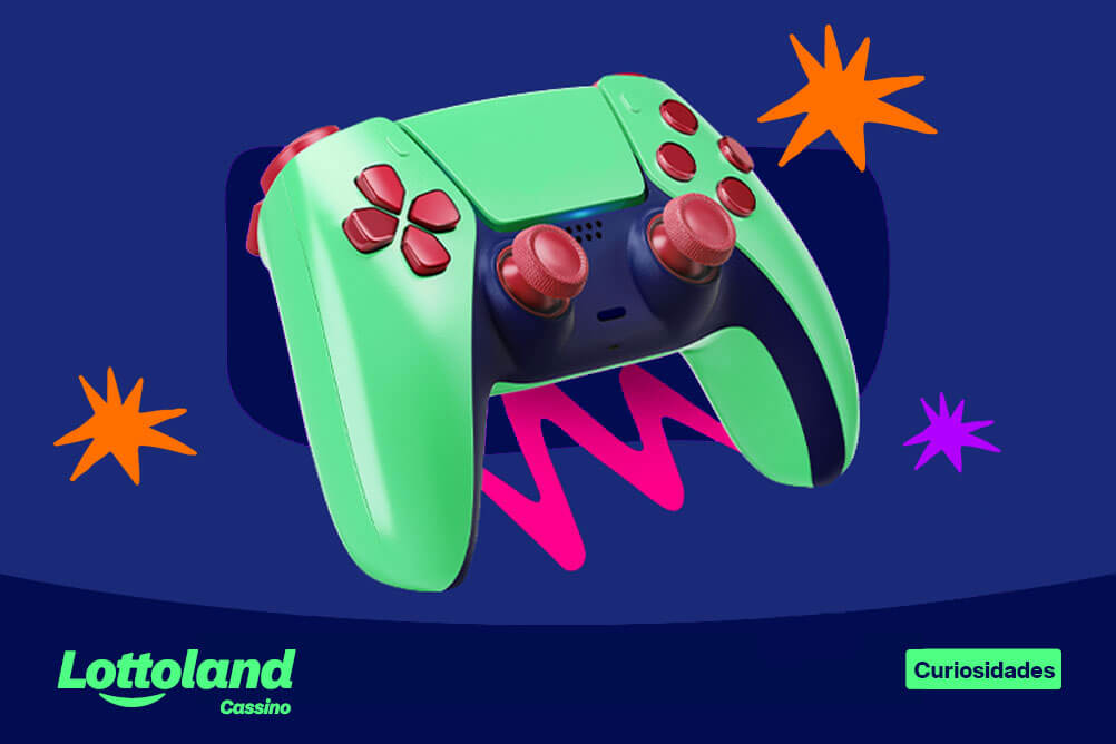 Foto de um joystick verde com botões vermelhos sobre fundo colorido. Lottoland Cassino conta a história do video game.