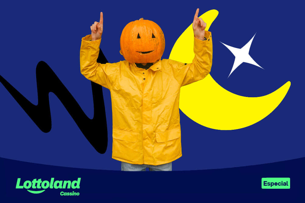 Pessoa com vestindo capa de chuva amarela, uma abóbora de Halloween na cabeça e indicadores apontados para cima. Lottoland Cassino história do Halloween.
