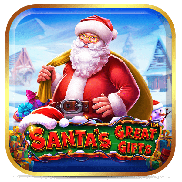 Papai Noel segurando saco de presentes em vila nevada no Santa’s Great Gifts™