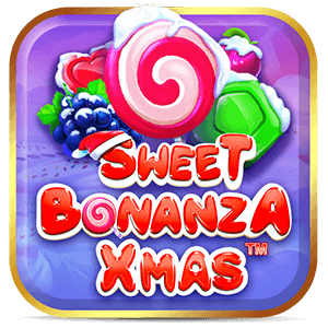 Doces coloridos em cenário gelado com tema natalino no Sweet bonanza Xmas™