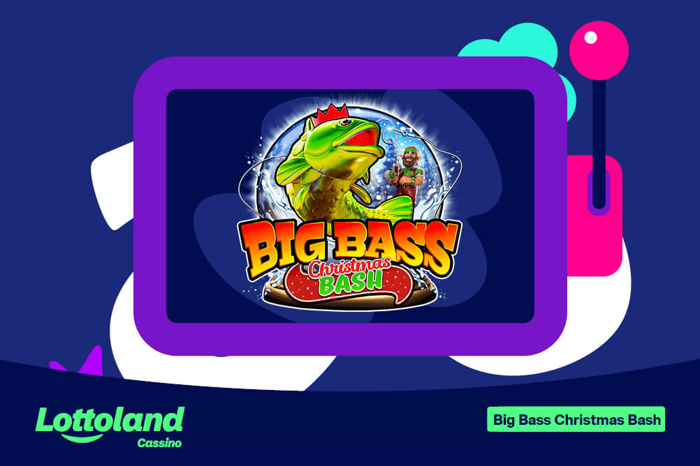 Tela colorida com logo do Big Bass Christmas Bash dentro de moldura roxa.