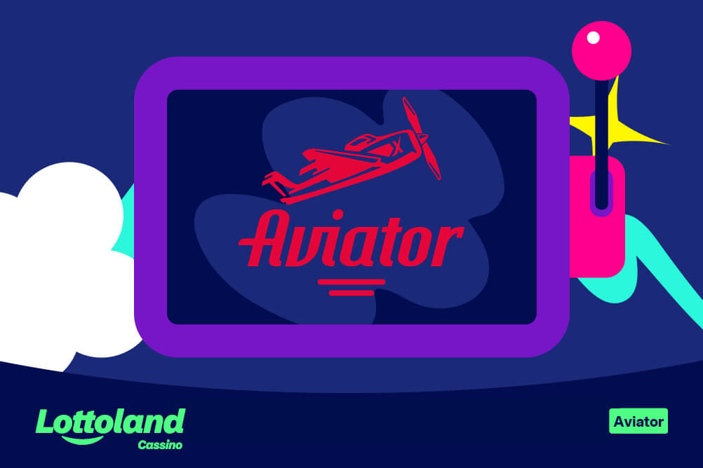 Tela azul com moldura roxa exibindo logo vermelho do jogo Aviator com avião estilizado. Lottoland Cassino apresenta o slot Aviator.