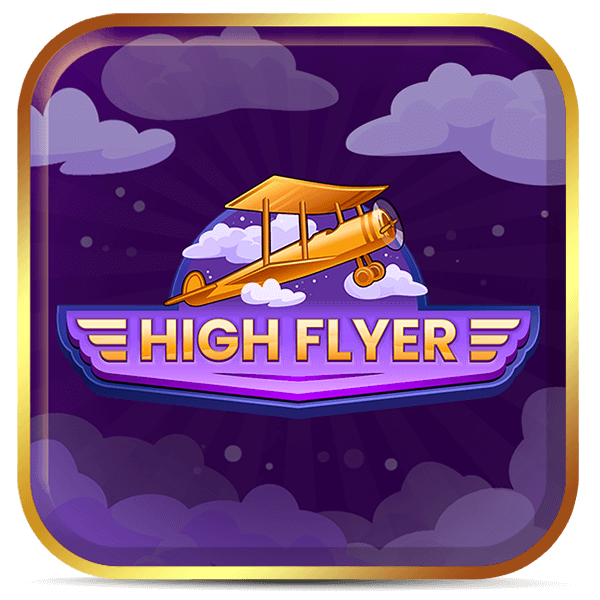 Logo High Flyer com avião antigo dourado entre nuvens roxas.