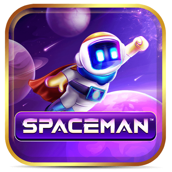 Logo Spaceman com astronauta cartunesco voando no espaço roxo.