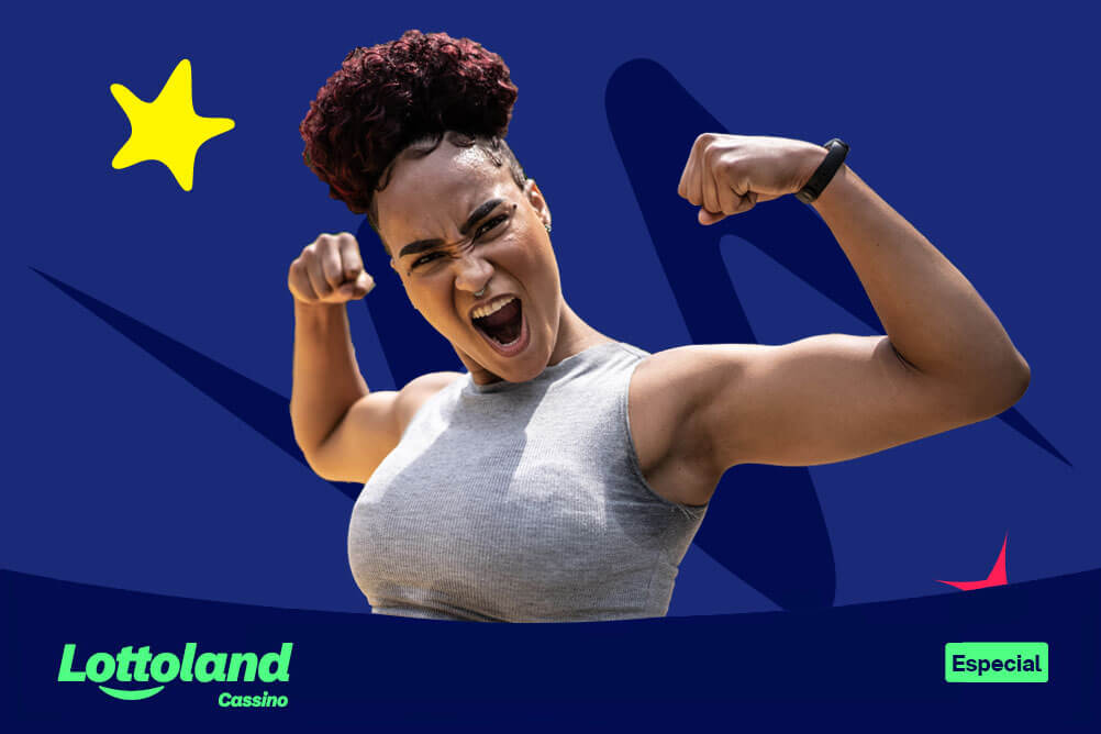 Uma mulher fazendo pose de flexão de braços com expressão audaz sob fundo azul escuro. Lottoland Cassino apresenta frases sobre esporte de atletas famosos.