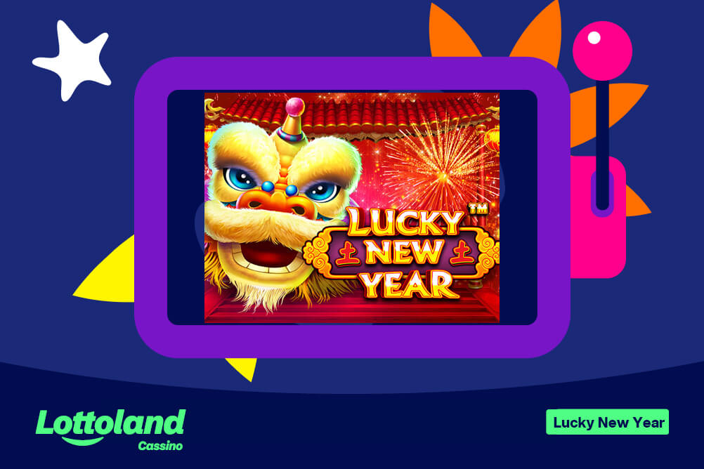 Tela com o logo Lucky New Year exibindo leão chinês e fogos de artifício em moldura roxa. Lottoland Cassino mostra como jogar Lucky New Year Pragmatic Play.